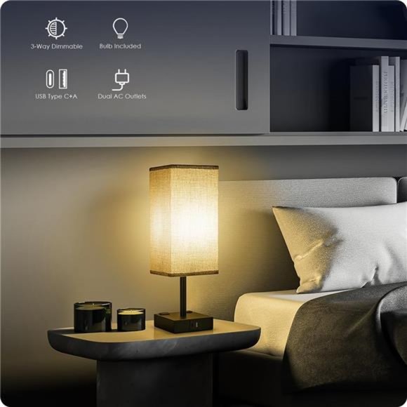 Bedside Lamp with USB Ports - Touch Control Table Lamp for Bedroom with USB C+A - Picture 2 of 8